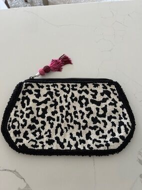 Anthropologie Black & White Beaded Leopard Clutch with Pink Tassel